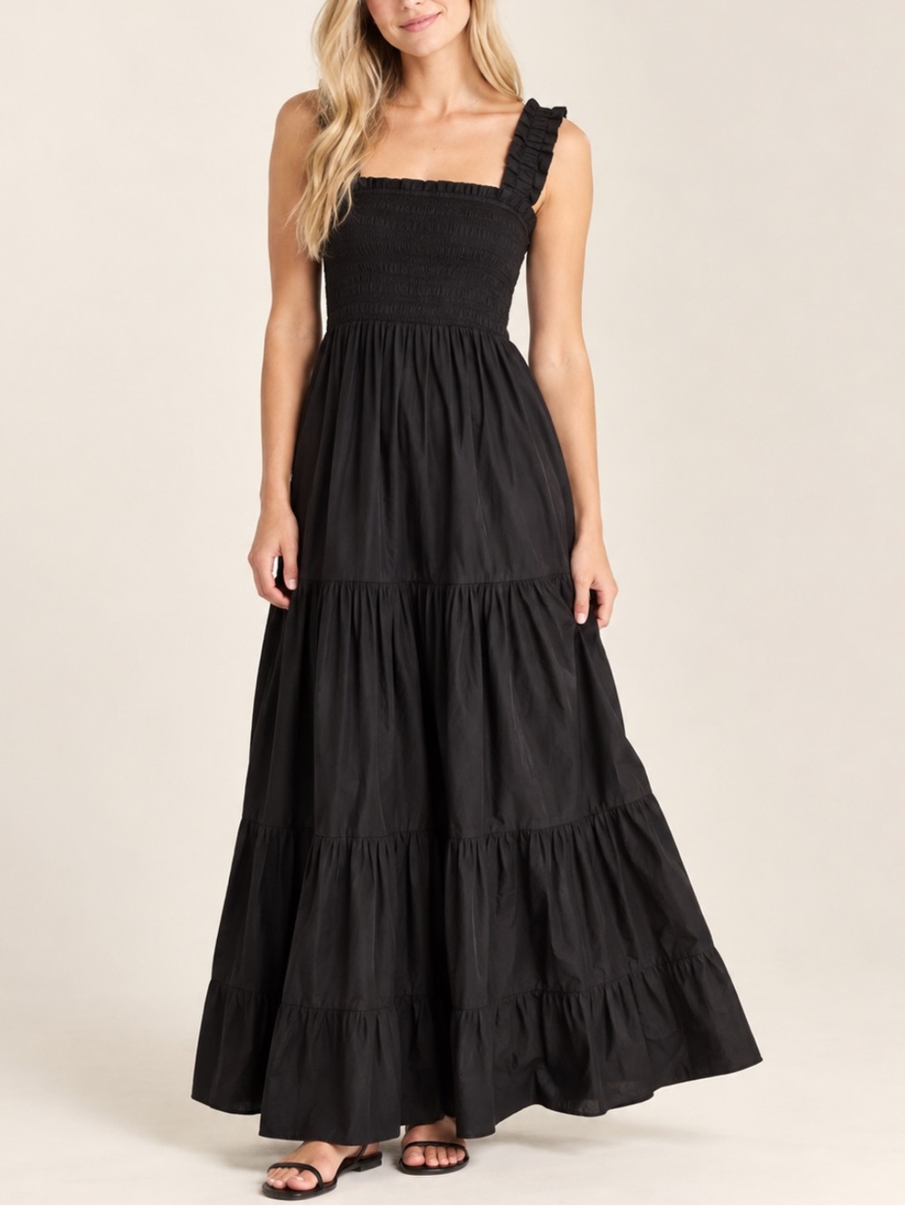 Abercrombie & Fitch Black Smocked tiered Maxi Dress Wide Straps 39983